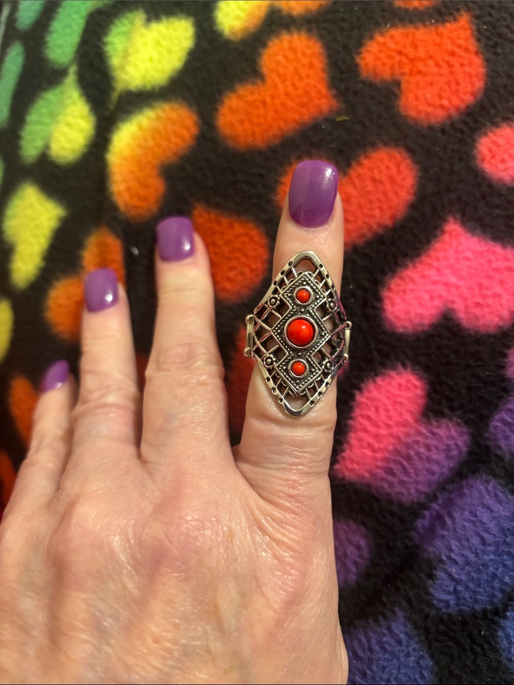 Silver Bohemian Filigree Ring with Red Cabochons